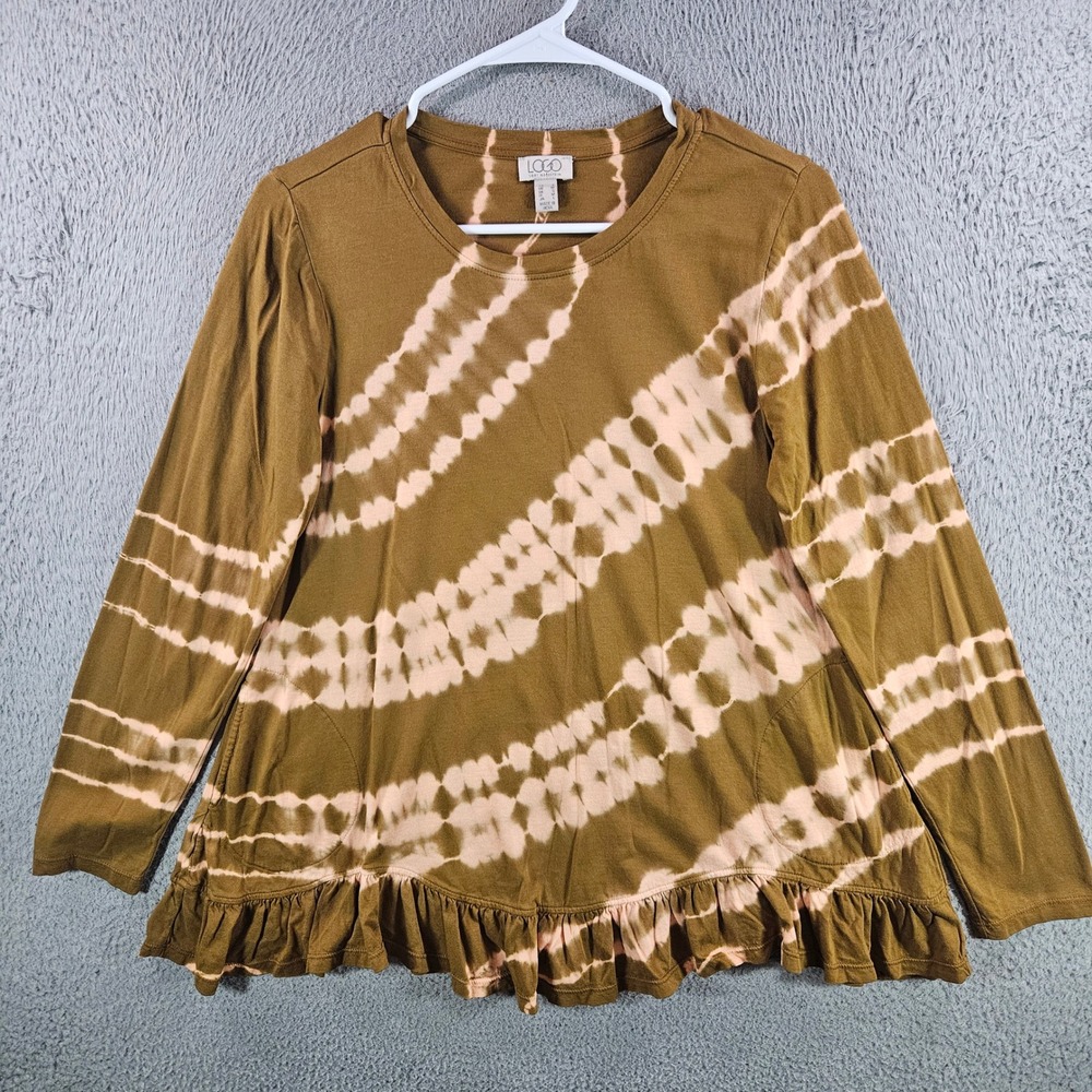 LOGO Lori Goldstein‎ Tie Dye Ruffle Hem Top Brown Olive Peach Small